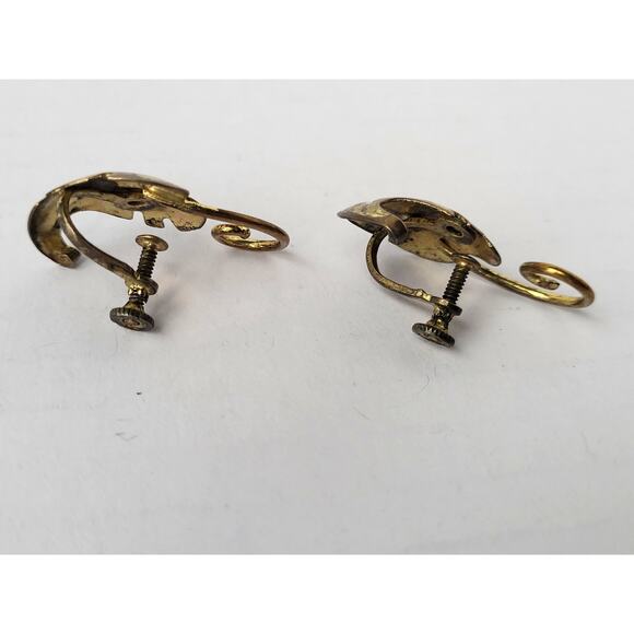 Antique Sterling Leaf Earrings Gold Plate Screw On 1940s - Picture 4 of 7
